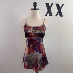 Vintage Y2K DKNY Satin Babydoll Cami Floral Indie Ruffle Top 6